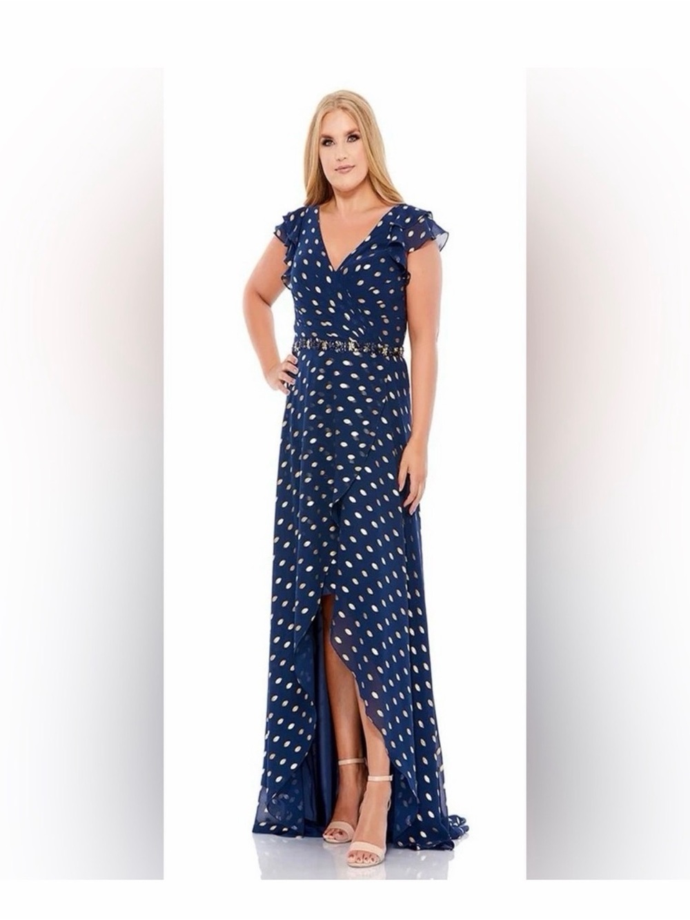 Mac Duggal Navy Polka Dot Maxi Dress with Ruffle Sleeve